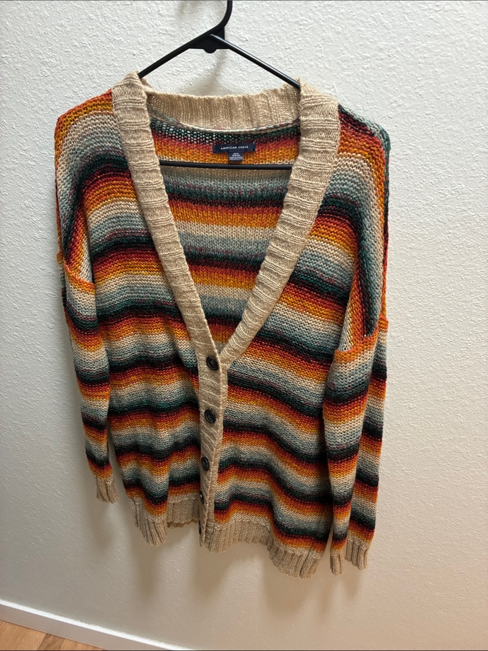 American Eagle Outfitters Multicolor Striped Button-Up Cardigan with Beige Trim
